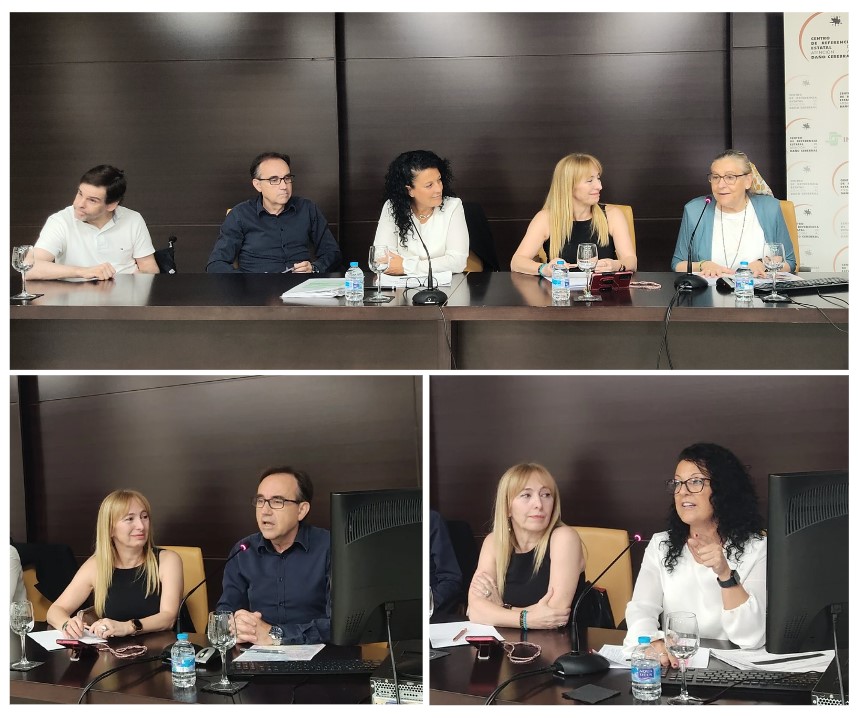 Collage con varias fotos: arriba Inmaculada Gómez Pastor inaugurando la jornada junto a los ponentes. Abajo a la izquierda José Antonio García de Mingo durante su ponencia junto a la moderadora. Abajo a la derecha Ana Belén Piñas López durante su ponencia junto a la moderadora. Varias fotos de la jornada.