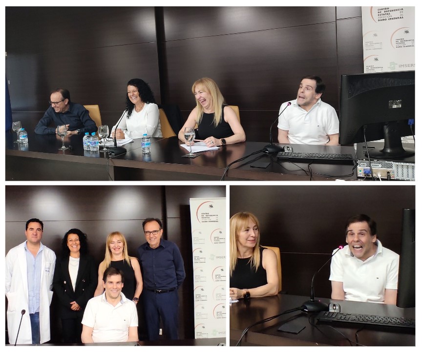 Collage con varias fotos: arriba ponentes de la jornada. Abajo a la izquierda Emilio Ramos, responsable de área técnica del Ceadac, junto a los ponentes y la moderadora. Abajo a la derecha Álvaro Galán durante su ponencia. Varias fotos de la jornada.